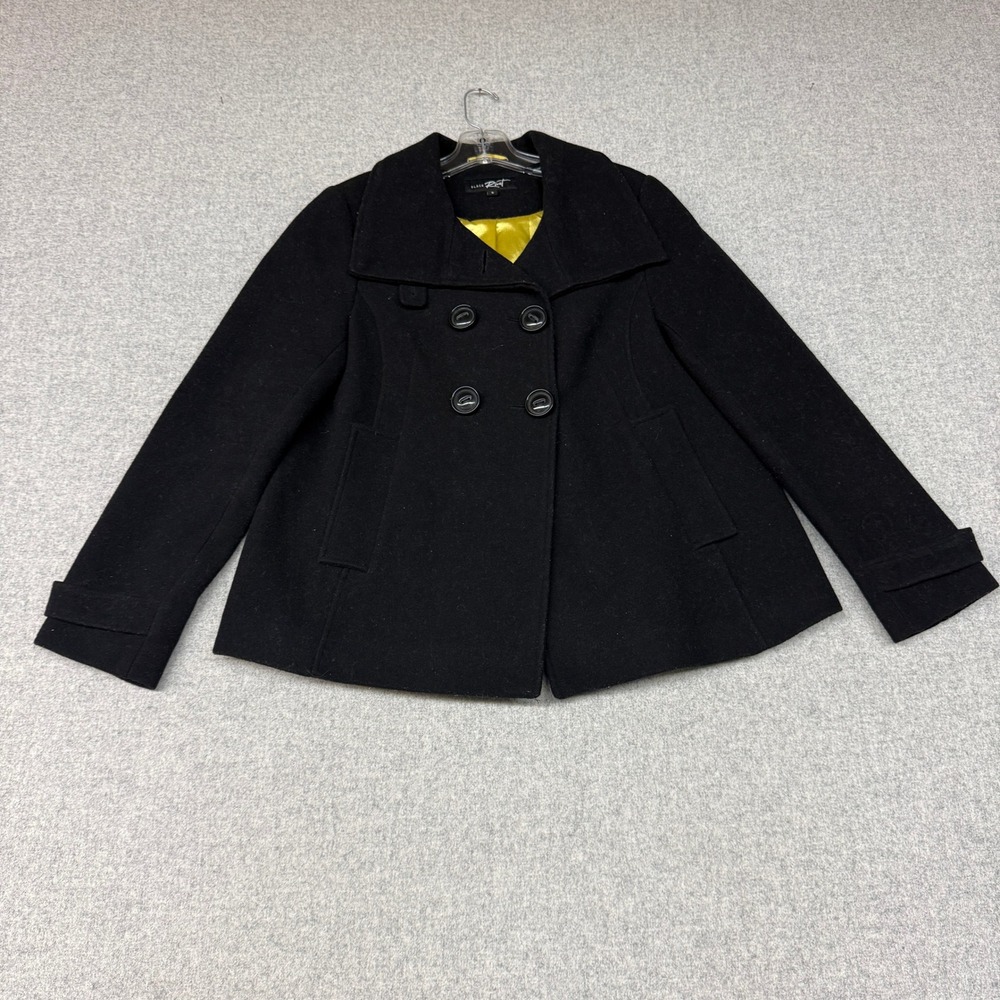 Black Rivet Pea Coat Small Black Wool Blend Double Breasted Yellow Lining Jacket